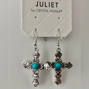 Juliet Cross Shaped Embossed silvertone w/faux turquoise stone, fish hook drop